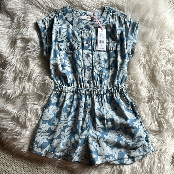 Vineyard Vines Chambray Utility Romper Girls M Blue White Floral Elastic Waist - Picture 1 of 6
